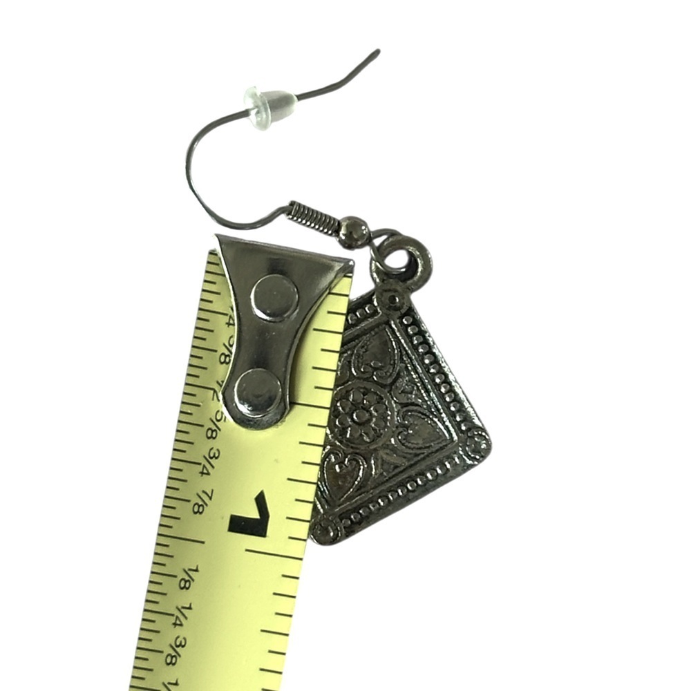 Silver Square Diamond Shape Tribal Style Embossed Design Drop Dangle Earrings - Picture 4 of 4